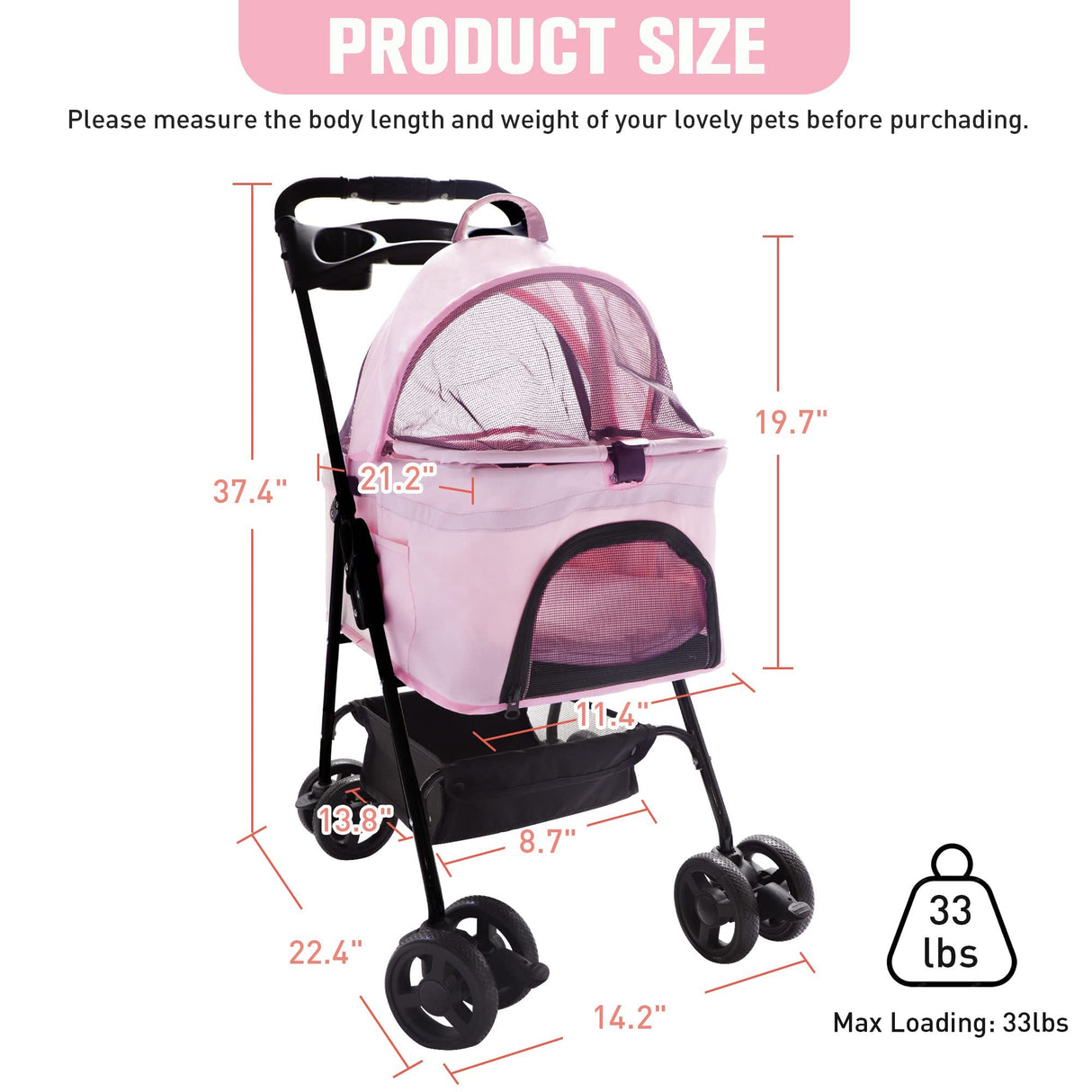 Vilobos 2 in 1 Pet Stroller, Detachable Dog Stroller, Portable Pet Cart w/ 4 Wheels, Cup Holder for Small Dog/Cat, Foldable Waterproof Jogging Travel Carrier Cart, Pink