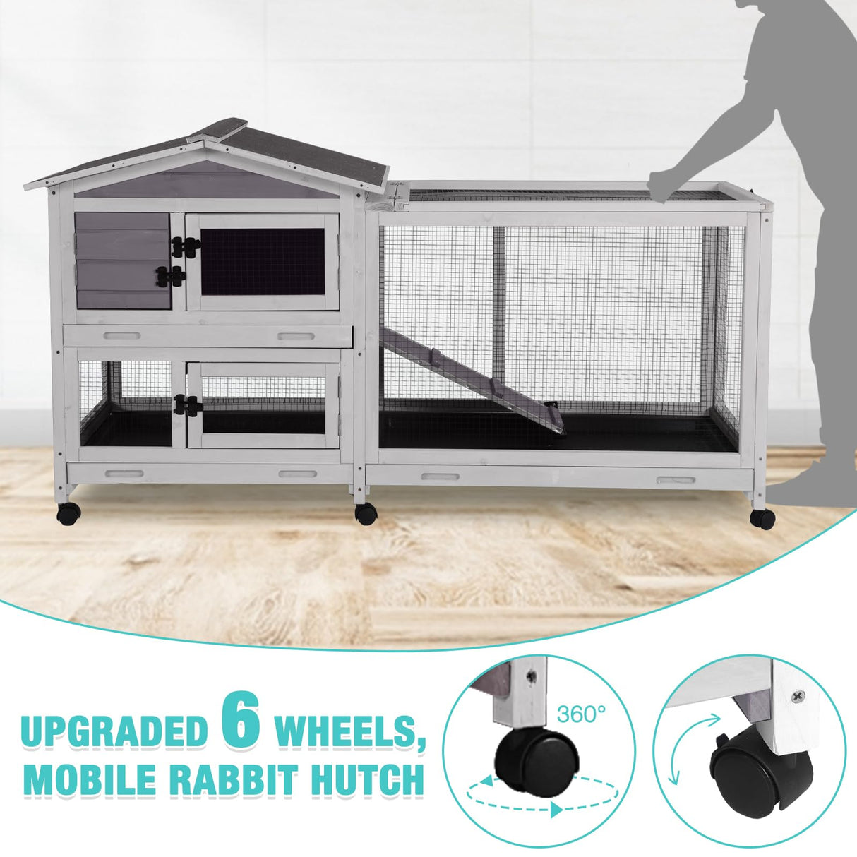 Suumerpety 62" Rabbit Hutch with Chew-Proof Ramp & Waterproof Roof - Indoor/Outdoor Bunny Cage, 2-Story Design, 6 Lockable Caster Wheels & Dual Pull-Out Trays (Grey)