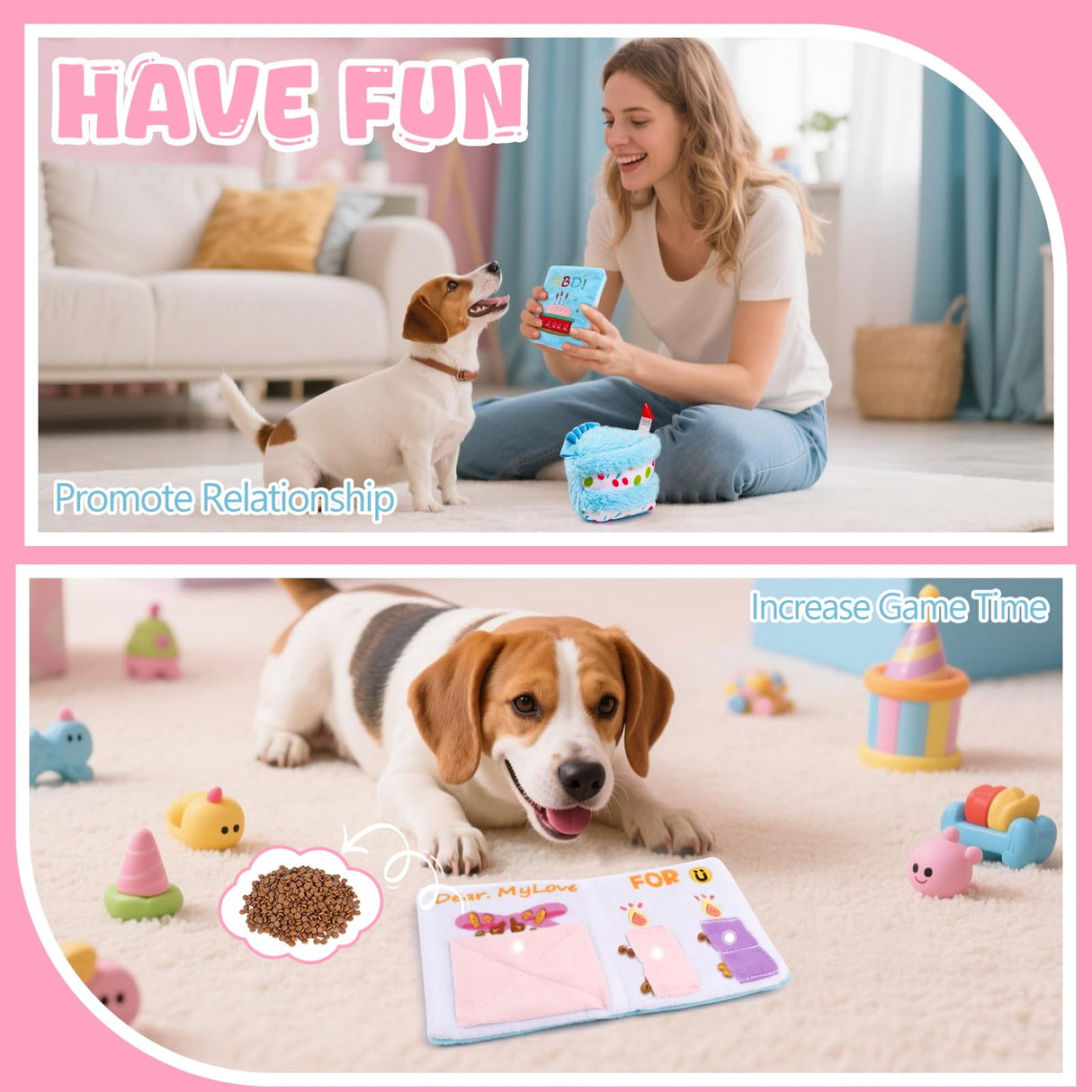 ADABOO 3PCS Dog Birthday Toy Set Plush Dog Squeaky Toys with Birthday Cake & Hat, Snuffle Hide & Seek Greeting Card for Celebration (Blue)