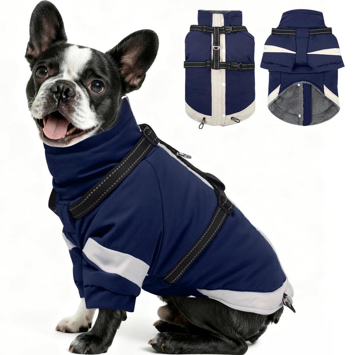 MIGOHI Waterproof Dog Coat with Harness Adjustable Dog Jacket Pet Winter Coat with Zipper,Christmas Small Fleece Jacket for Small Dogs,Extra Long Sleeves Warm Winter Snowsuit for Dogs,M,NavyBlue