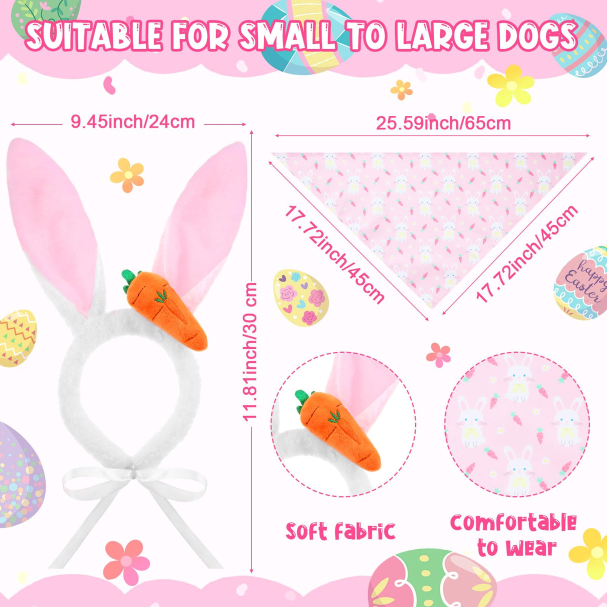 SilTriangle 16 Pack Dog Easter Outfit Including 8 Bunny Ears Headband and 8 Easter Dog Bandana Four Colors Bunny Ears Pet Bandana with Different Patterns