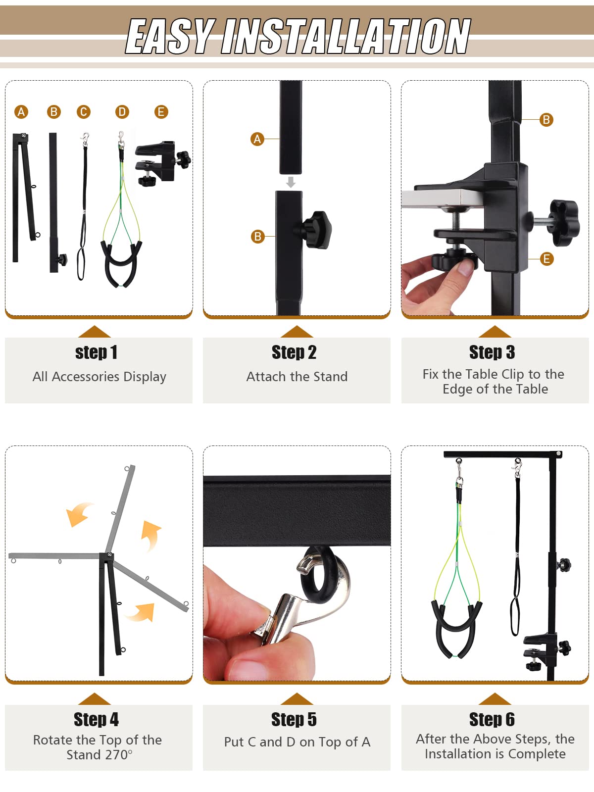 Kalolary Foldable Pet Dog Grooming Arm with Clamp, Dog Grooming Loop Noose & Two No Sit Haunch Holder (Single Arm)