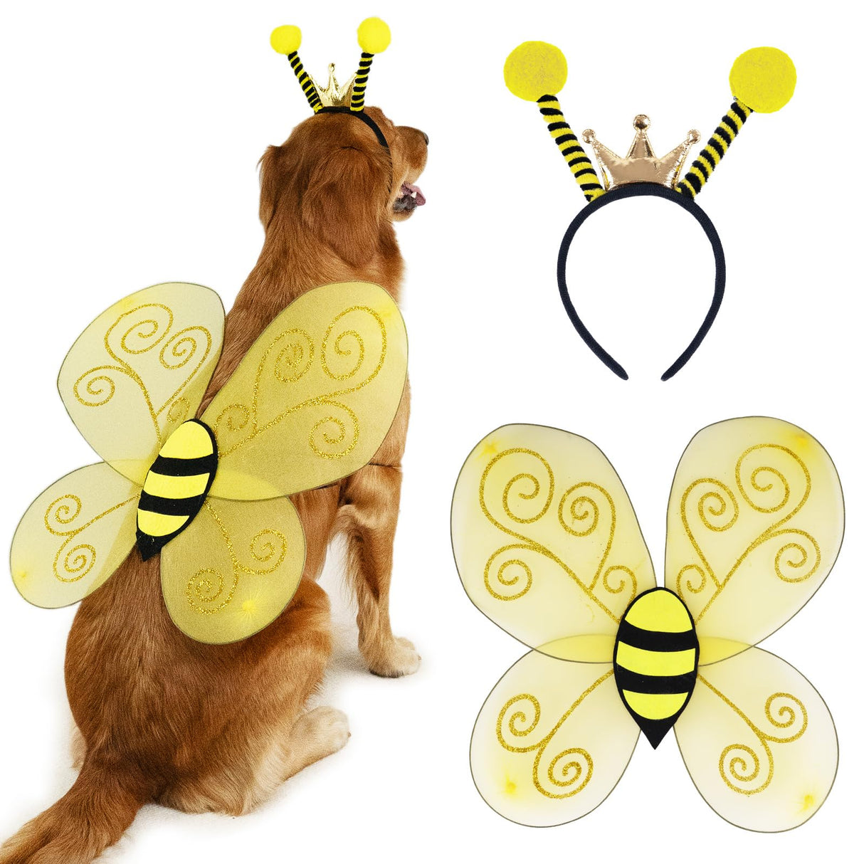 Wodison Bee Dog Headband and Wings Costume Set, Bee Wings Headband Accessories for Large Dog Halloween Christmas Birthday Festival Party Cosplay
