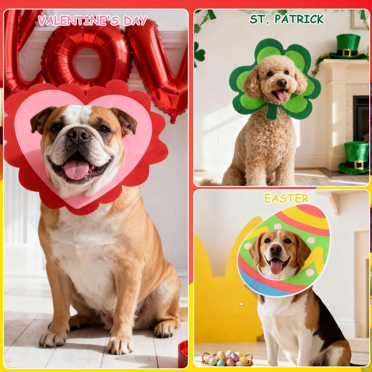 3 PCS Holiday Dog Outfits Set, Valentine’s Day, St. Patrick’s Day, Easter Dog Outfits with Adjustable Headband for Small Medium Dogs, Dog Cat Holiday Party Costumes and Supplies (S: 12"-16")