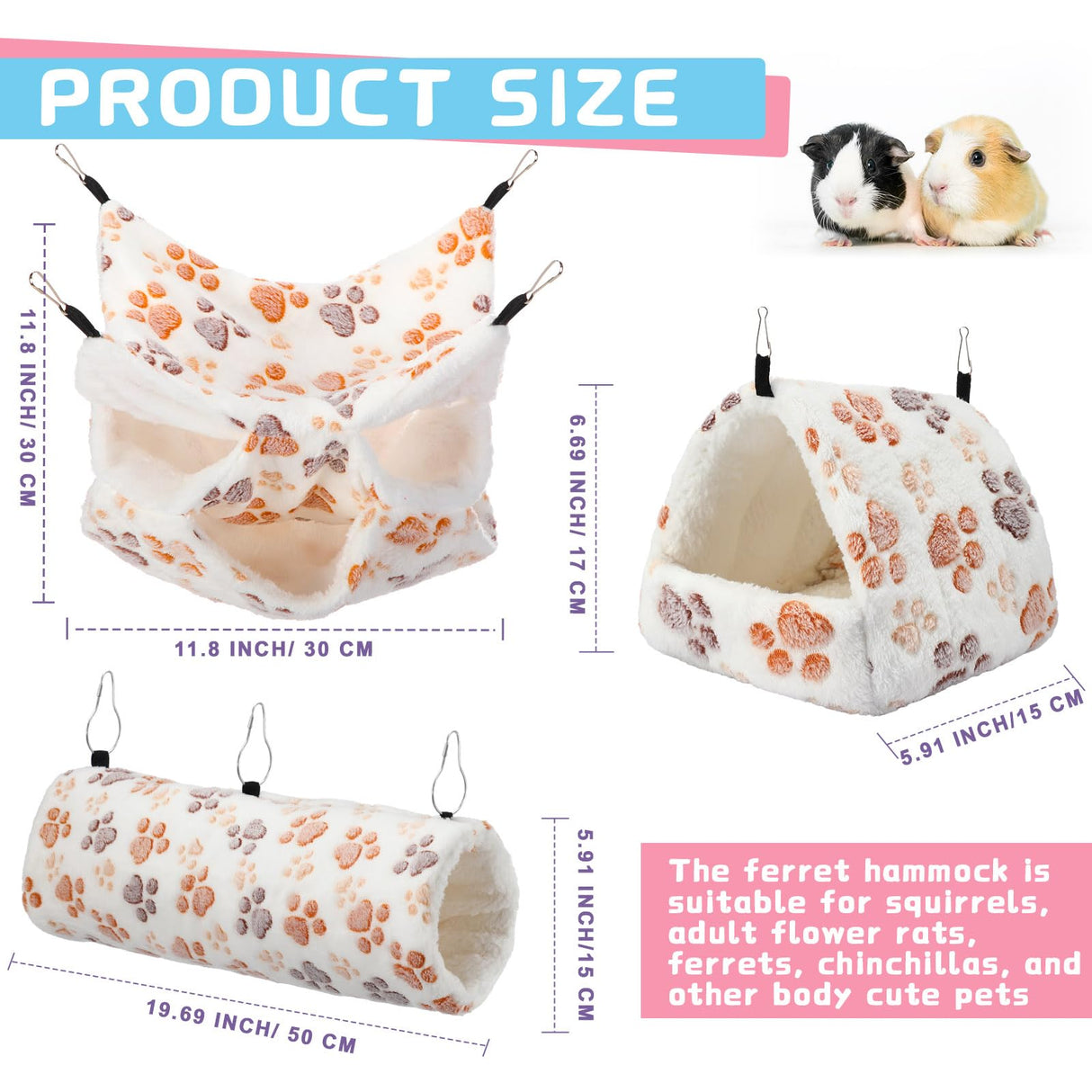 Abbylike 9 Pieces Rat Hammock 3 Tier Guinea Pig Ferret Hammocks Small Pet Hanging Tunnel Glider Toy Guinea Pig Ferret Hideout Bed Cage Accessories for Hamster(Light Brown, White, Black,Paw)
