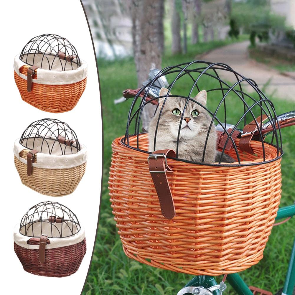 Wicker Bike Basket for Small Dogs Cats Pet Carrier Front Basket with Wire Mesh Cover (Honey Color)