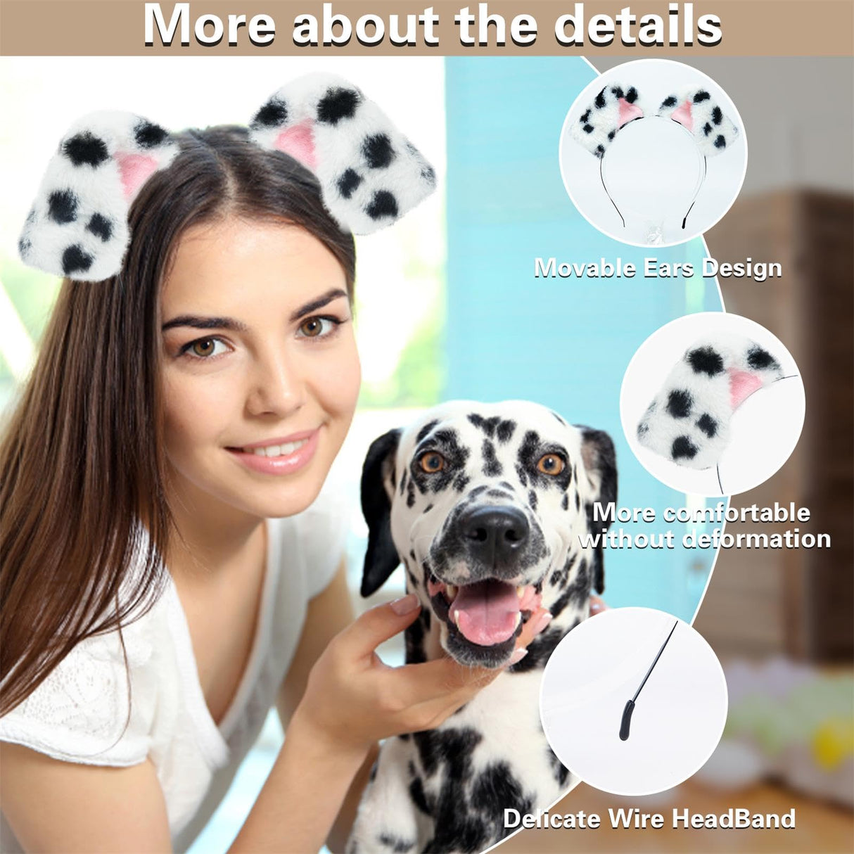 Beviliu 4 Pack Animals Ear Realistic Dalmatian Dog Ears Headband Fluffy Cat Bunny Pig Hairband Halloween Christmas Costume for Washing Makeup Cosplay Party