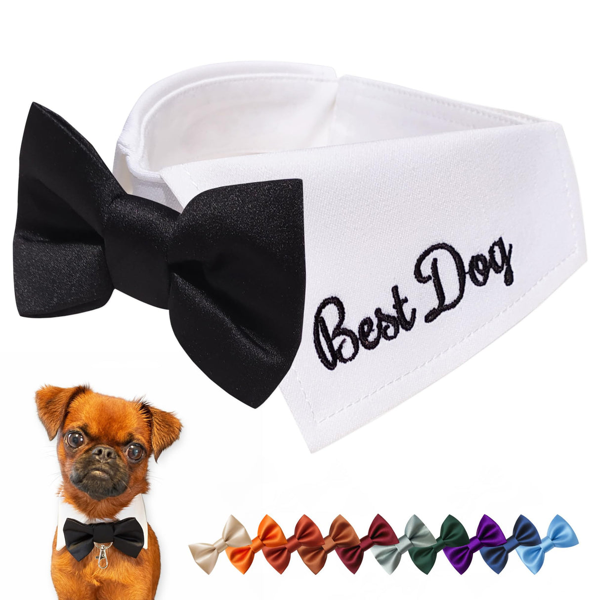 Handcrafted Personalized Dog Wedding Attire with Bow Tie – Custom Embroidered Name, Adjustable Shirt-Style Collar Fit, Optional Ring Bearer Clasp, Formal Outfit by ACORD EU (White)