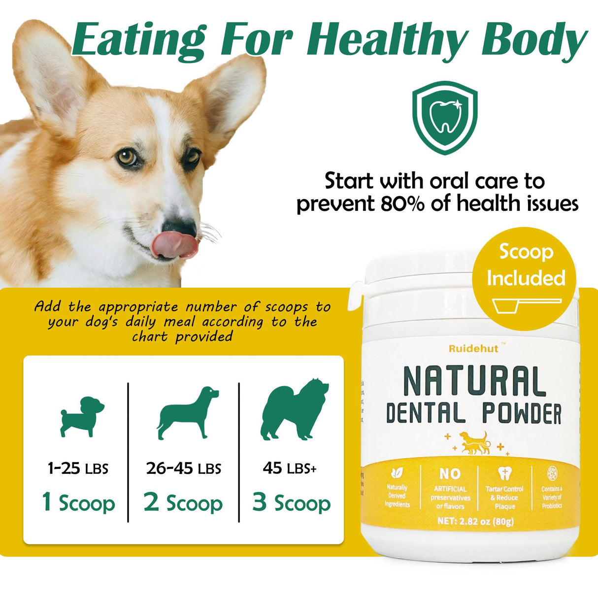 Senior Dog Dental & Supplement Powder - Contains Vitamin E, Glucosamine, Omega-3 and Probiotics - Effectively Removes Tartar Buildup, Supports Your Dog's Dental, Joint, and Digestive Health, 2.82 oz