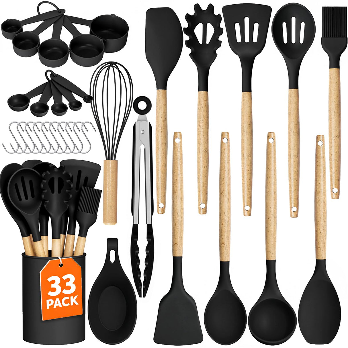 Kitchen Utensils Set - 33 PCS, Heat-Resistant Silicone Cooking Utensils Set with Wooden Handle, BPA-Free Kitchen Gadgets Spatula Sets with Holder for Nonstick Cookware (Black)