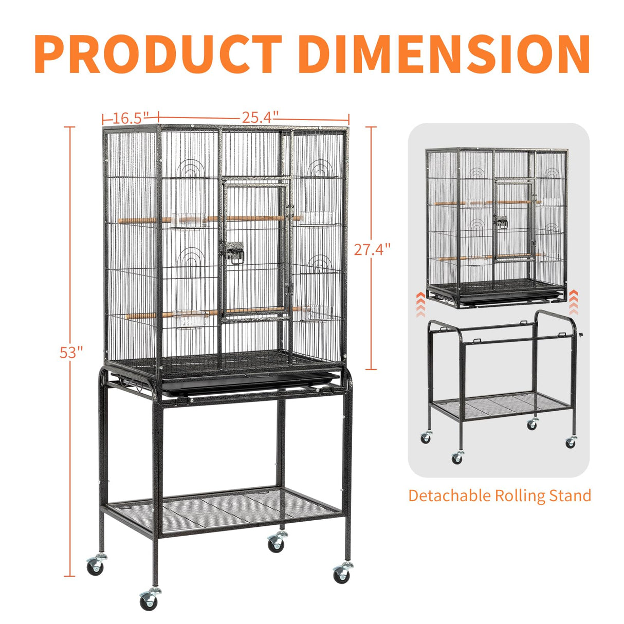VINGLI Bird Cage with Wheels, Durable Wrought Iron Parakeet Cage with Slide Out Tray, Black Bird Cages for Parakeets/Lovebird/Cockatiels/Budgies and Other Small/Medium Birds (Large-53 inch)