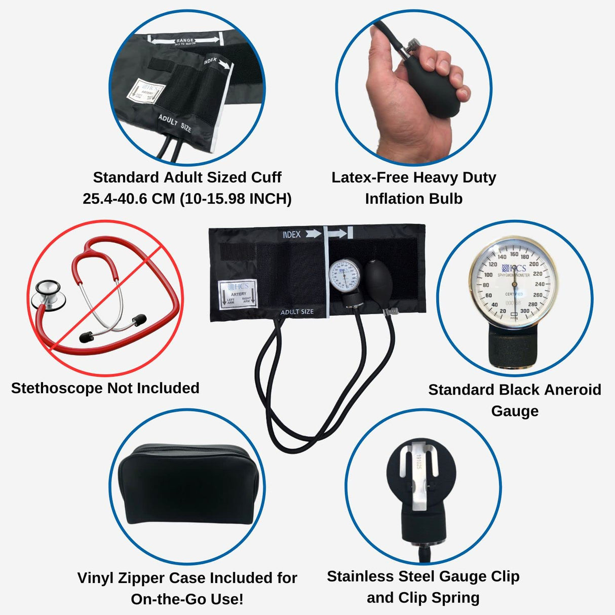 HCS Blood Pressure Cuff, Manual - Adult Aneroid Sphygmomanometer - Medical, Home, Elderly Care - BP Cuff Manual - Blood Pressure Cuff Arm Monitor w/Carrying Case