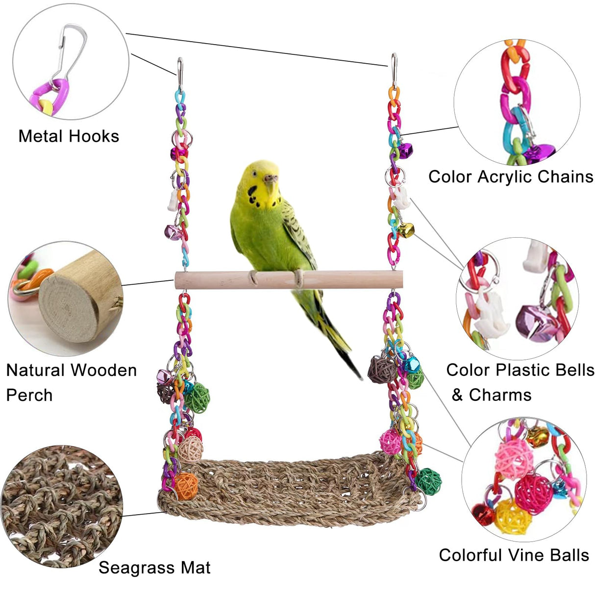 FrgKbTm Bird Swing Toys with Wood Perch, Seagrass Woven Parrot Platform Bird Climbing Hanging Hammock Bird Perch Stand Chewing Toy for Parakeets,Budgie, Conure, Cockatiel,Lovebird
