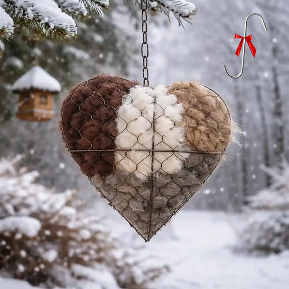 2026 New Handmade Alpaca Fiber Bird Nesting Heart, Bird Nesting Material Holder, Refillable Birds Heart Shape Hummingbird Nesting, Winter Fowl Gifts Animal Hummingbirds Lovers Home Garden Yard (1)