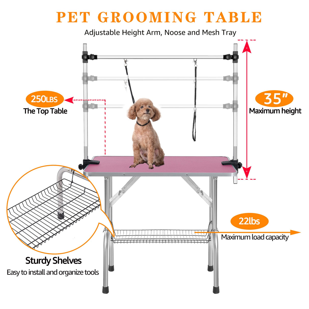 Professional Dog Pet Grooming Table Adjustable Heavy Duty Portable w/Arm & Noose & Mesh Tray (Pink, 42")