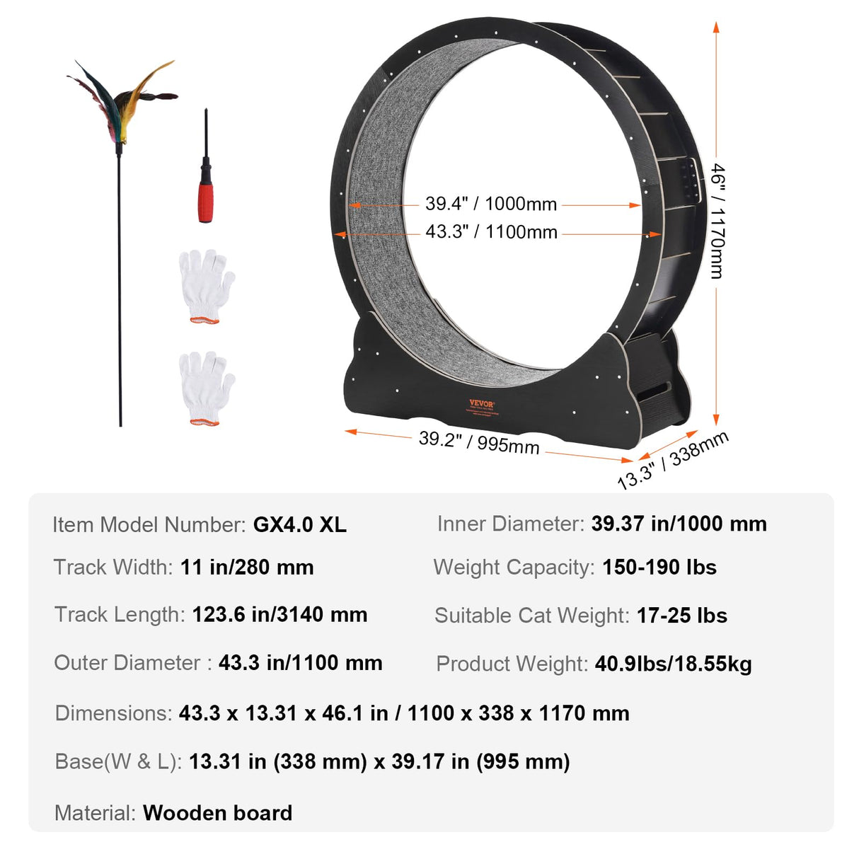 VEVOR Cat Exercise Wheel, 43.3" Large Cat Treadmill for Indoor Pets, Running Wheel with Detachable Carpet & Cats Teaser Toy for Running/Walking/Training, Suitable for Most Cats Black