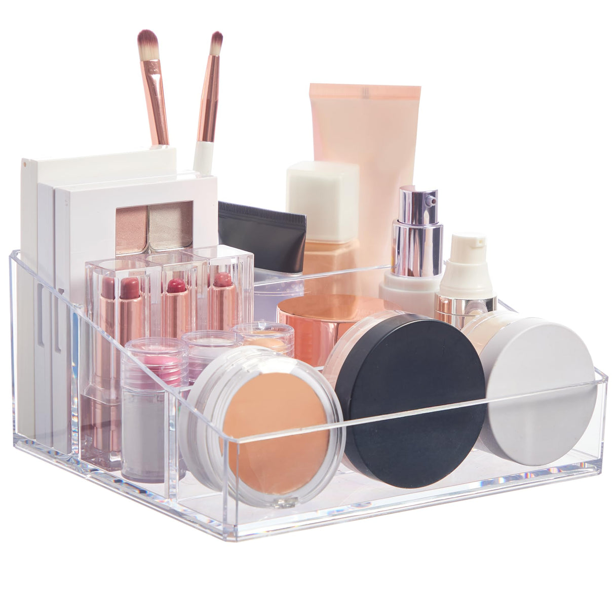 Clear Plastic Small Countertop Vanity Makeup Organizer, Compact Rectangular 4-Compartment Holder for Brushes, Eyeshadow Palettes, & Beauty Supplies, Made in USA