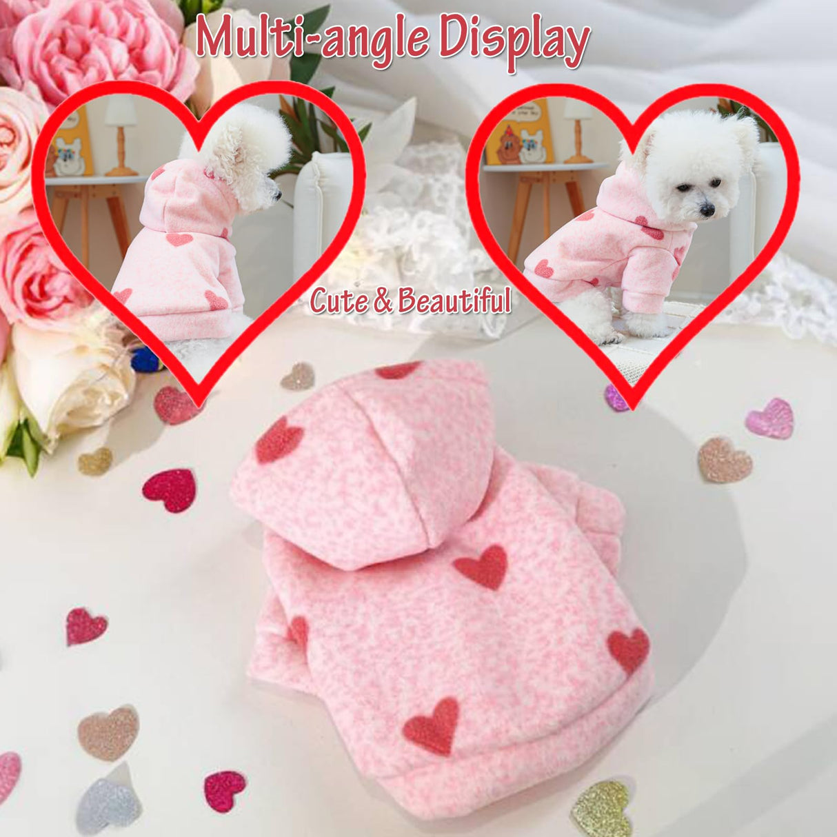 BAMY Valentine's Day Dog Dress, Pink Heart Pet Skirt, Bowknot Cat Sweet Tutu for Cats Small Dogs Puppy Pomeranian Teddy (Large, Hoodie)