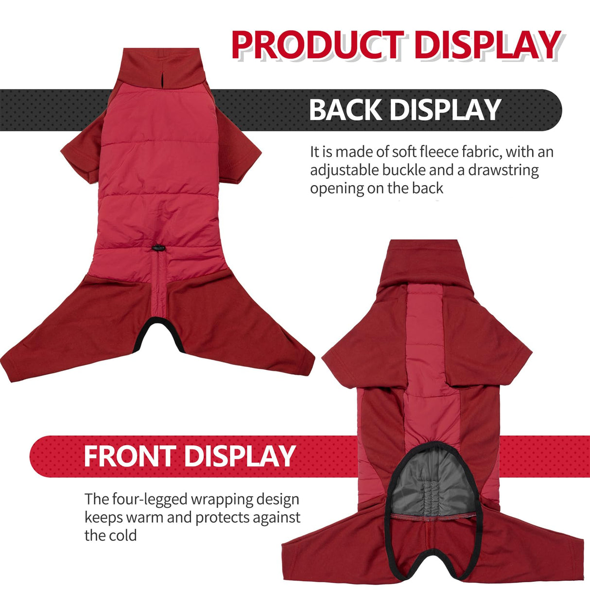 BRKURLEG Full Body Dog Winter Coat Warm Fleece Pullover Pajamas, Four Legs Covered Windproof Dog Jacket for Small to Large Dogs, Turtleneck Dogs Snowsuit, Pet Cold Weather Clothes, Red XXXL