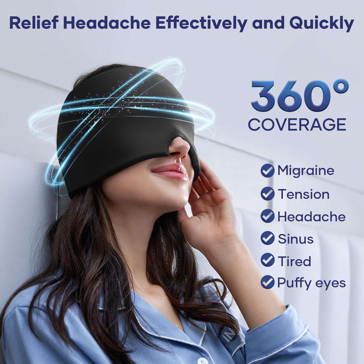 Qnoon Migraine Relief Cap, Migraine Headache Relief Cap Hat Mask Products, Cooling Gel Hat Head Wrap for Migraine, Tension, Stress & Puffy Eyes,Natural Therapy for Instant Headache Relief