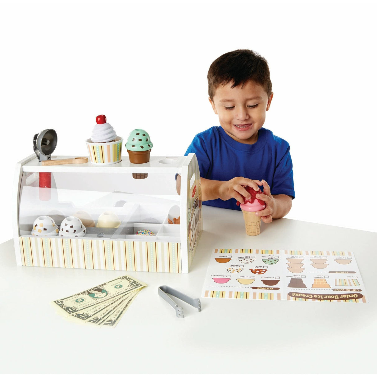 Melissa & Doug Wooden Scoop and Serve Ice Cream Counter (28 pcs) - Play Food and Accessories - Pretend Food Toys, Ice Cream Shop Toys For Kids Ages 3+