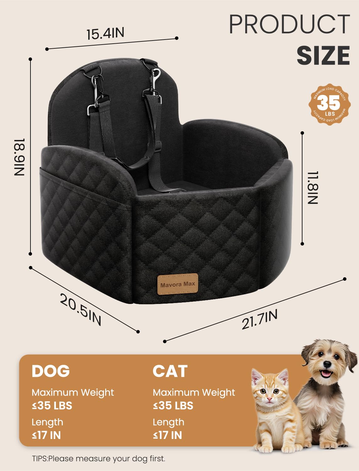 Mavora Max Dog Car Seat for Small/Medium Dogs, Elevated Dog Booster Seat Memory Foam Puppy Car Seat with Washable Cover, Travel Safety Pet Seat for Car with Storage Pockets Up to 35 lbs (Black)