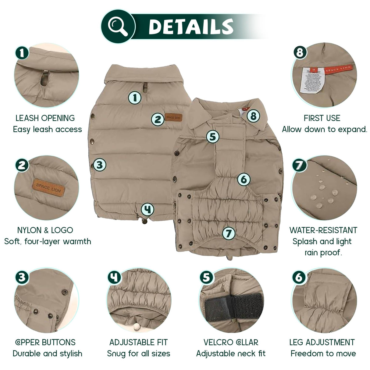 SPACE LION Dog Puffer Jacket, Down Winter Coat, Durable Outdoor Coat for Cold and Windy Conditions, Lightweight & Adjustable Fit Coats for Large Dogs, (Camel, Size28/4XL)