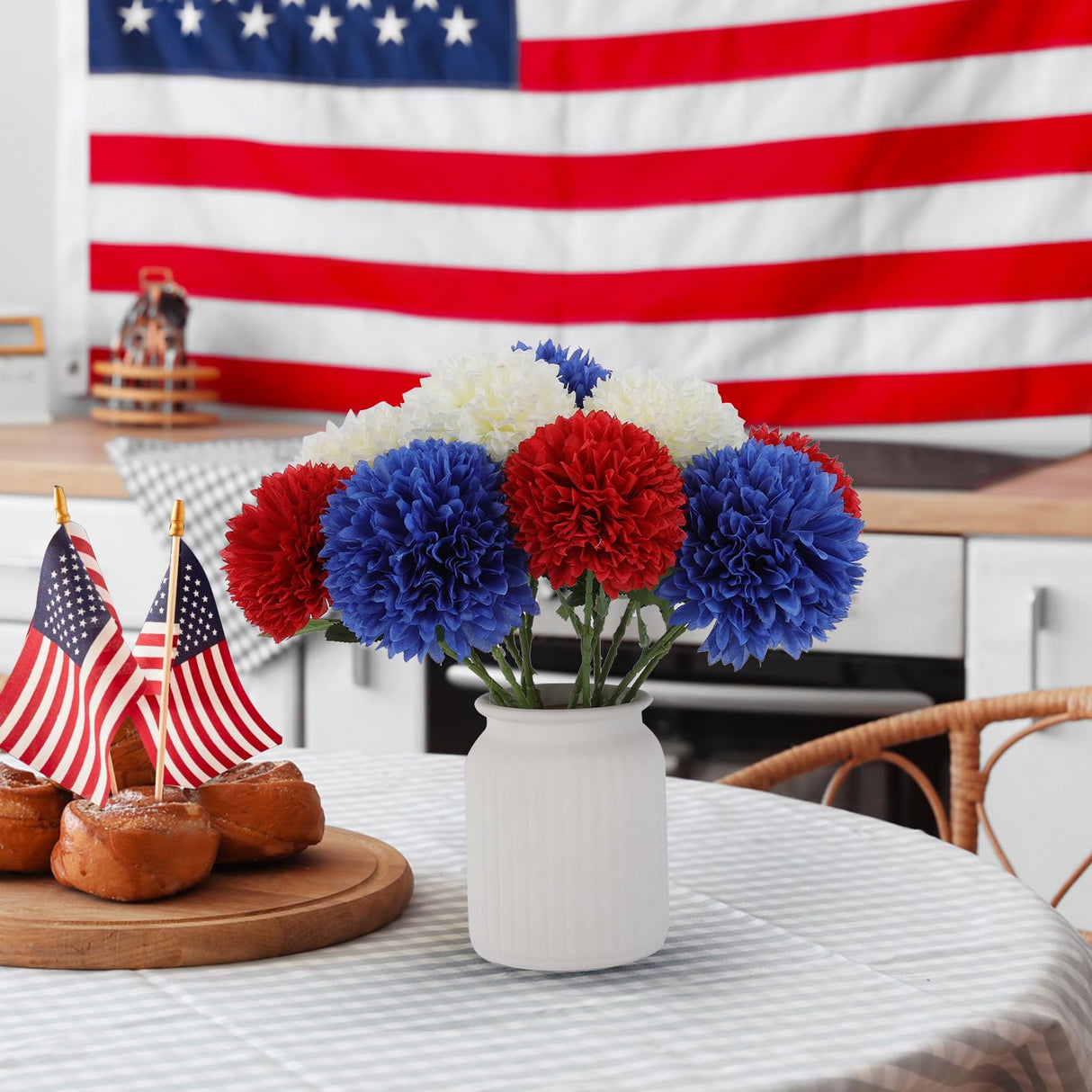 12 Pcs Artificial Chrysanthemums Flowers Patriotic Flower, 4th of July Fake Mums Flowers Silk for Home Decor Indoor Memorial Day Table Centerpiece Vase not Included (12, Red, White, Blue)