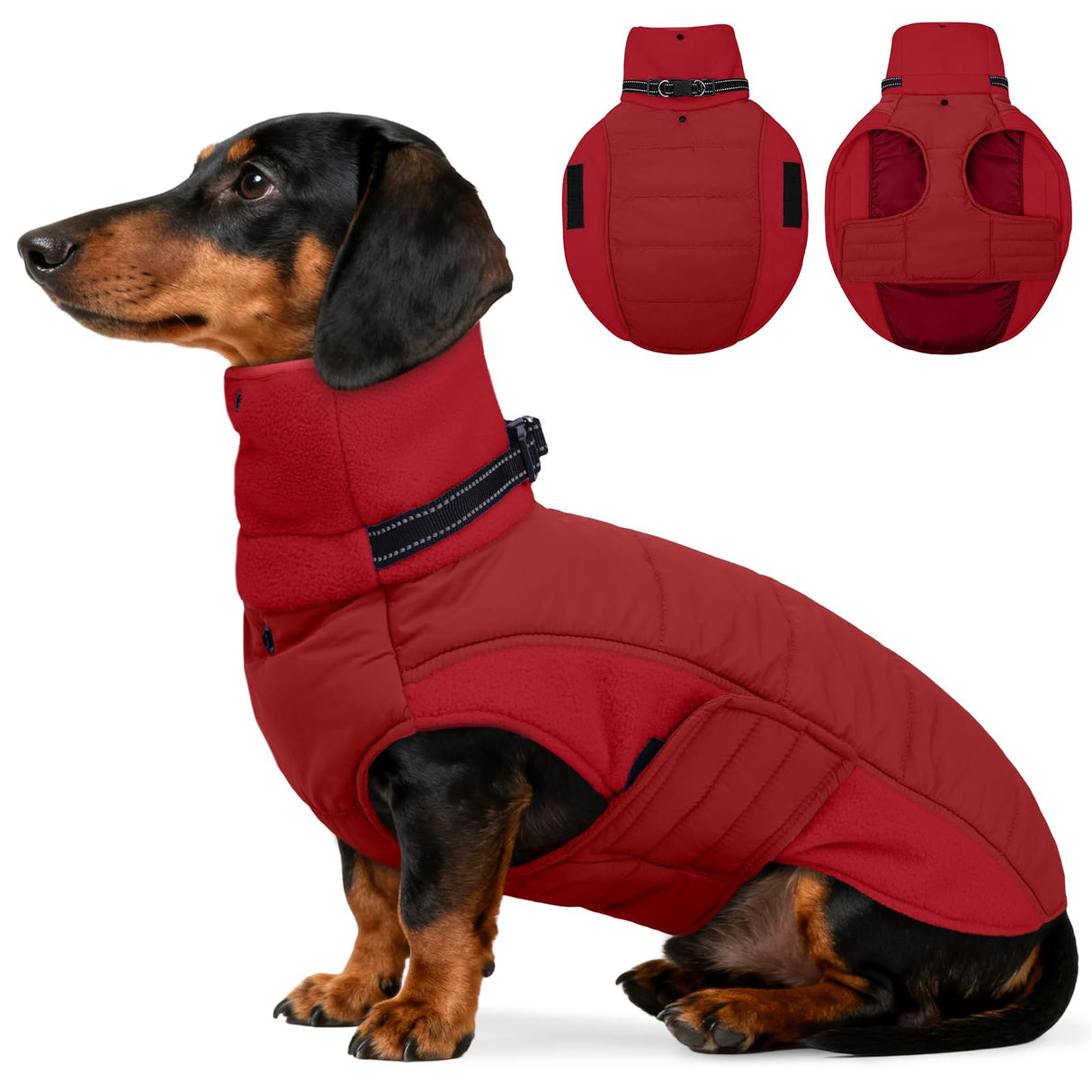 DENTRUN Dog Coat with Collar Built in - Fleece-Lined Windproof Dog Jacket, Adjustable Belly Straps & Reflective Strips, No-Sleeve Design for Beagle, Dachshund, Daily Walks, Red, M