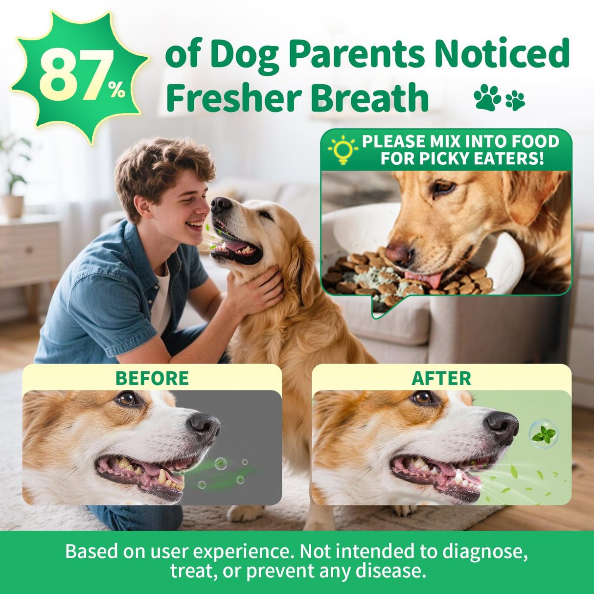 Dog Dental Powder – Teeth Cleaning Powder with 6B CFU Probiotics, Enzymes & Antioxidants, Plaque & Tartar Off, Fresh Breath Support, No Brushing Oral Care, Mint Beef Flavor, 75 Servings