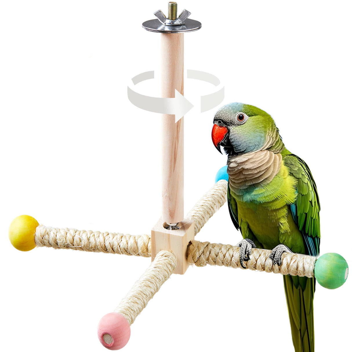 Large Bird Stand Perch Toy for Cage, Interactive Spinning Toys, Wooden Exercise Wheel Quaker Toy, Enrichment Bird Cage Accessories Perch Toys for Medium-Sized Birds Cockatiel Ring-Necked Caique (L)