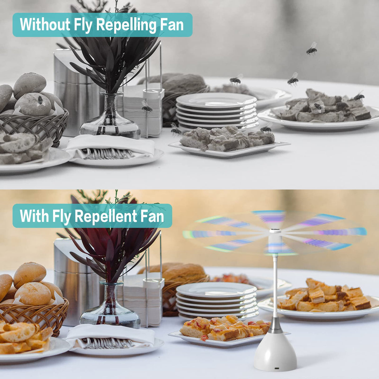 Neijiaer Fly Fans for Tables, Practical Fly Repellent Fan with Soft Blades, USB or Batteries Powered, Soundless and Portable Fly Fan Keeps Your Food Clean(2 Pack)