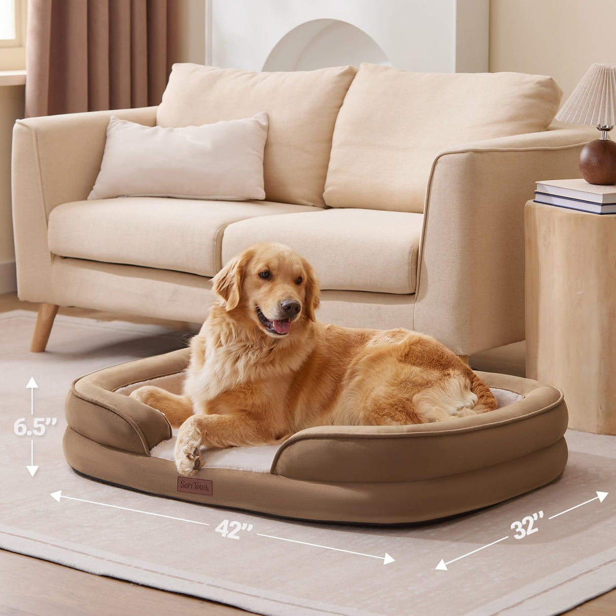 Soft Touch Orthopedic XL Dog Bed for Large Dogs with Faux Fur Top, Waterproof Pet Couch Bed with Removable Washable Cover and Supportive Foam Filling (Brown, Extra Large)