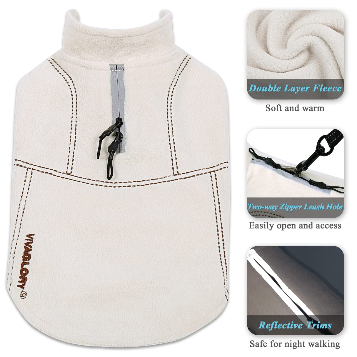 VIVAGLORY Softpad Dog Fleece Vest, Dog Fleece Jacket for Fall & Spring, Coat with Harness Hole, Reflective Light Weight Soft Easy On Adjustable, XS, Beige