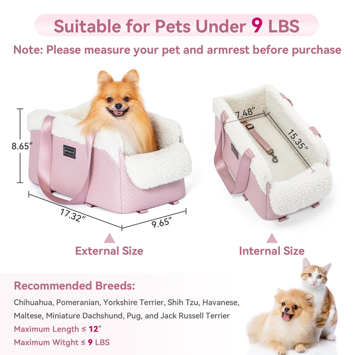 PETSFIT Cat Car Seat, Portable Console Dog Car Seat with Safe Protective Hooks, Luxury Pet Car Seat Includes Safety Leash and Storage Pocket for Pets Up to 9 lbs (Pink)