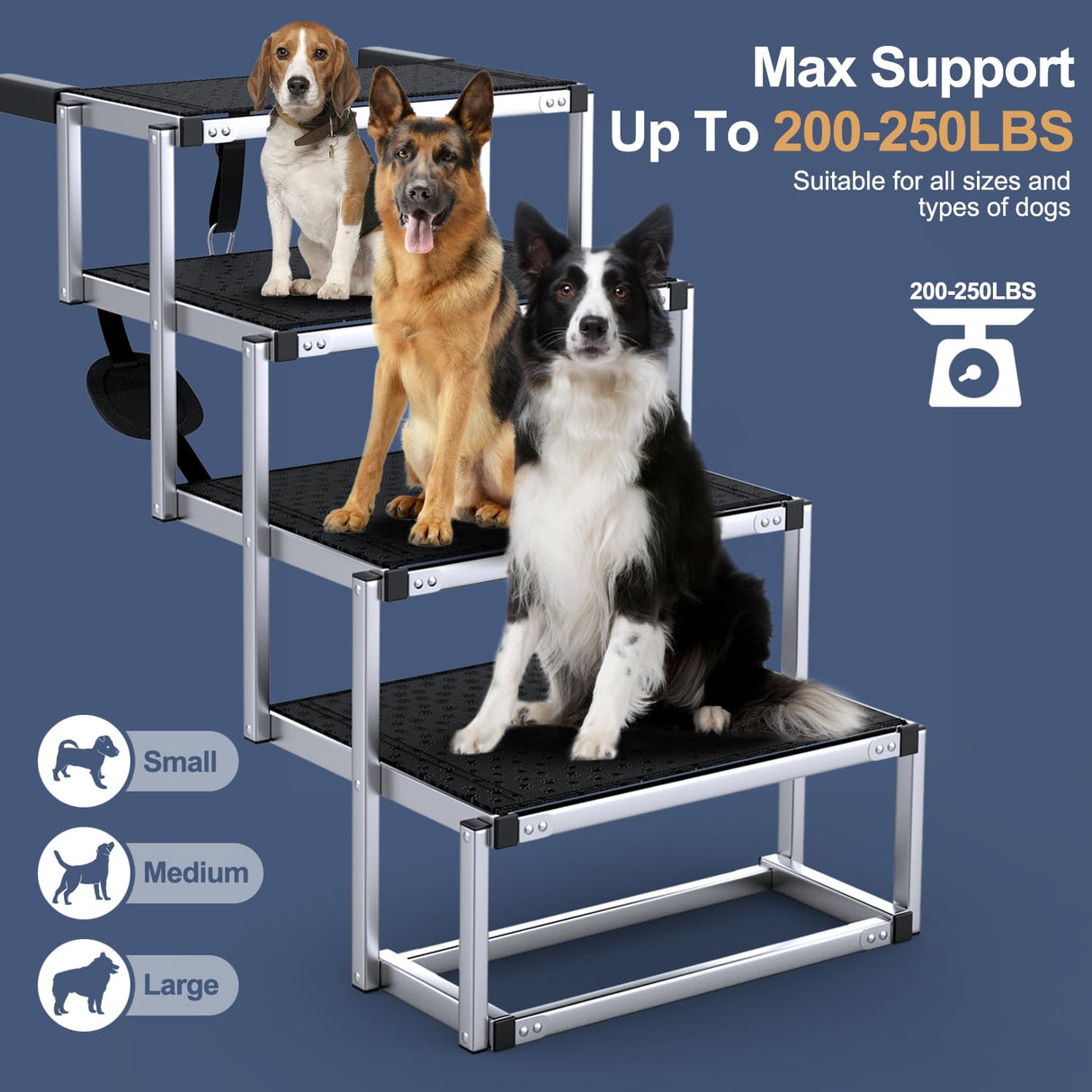 PetRuna Extra Wide Dog Stairs for Large Dogs, Foldable Dog Ramp for Car with Non-Slip Surface, Dogs Stairs for Cars, High Beds, Truck, Supports up to 250 lbs, 4 Steps
