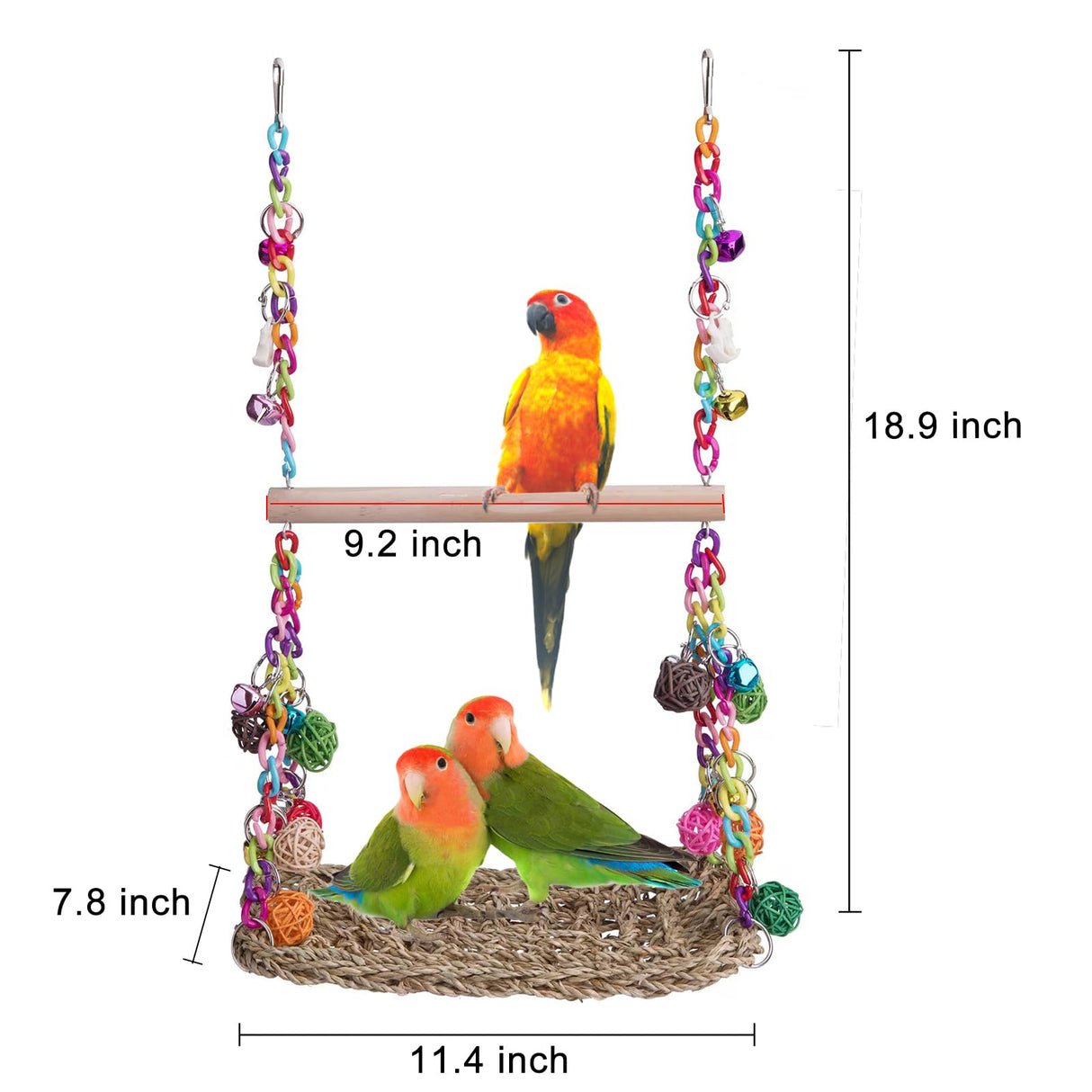 FrgKbTm Bird Swing Toys with Wood Perch, Seagrass Woven Parrot Platform Bird Climbing Hanging Hammock Bird Perch Stand Chewing Toy for Parakeets,Budgie, Conure, Cockatiel,Lovebird