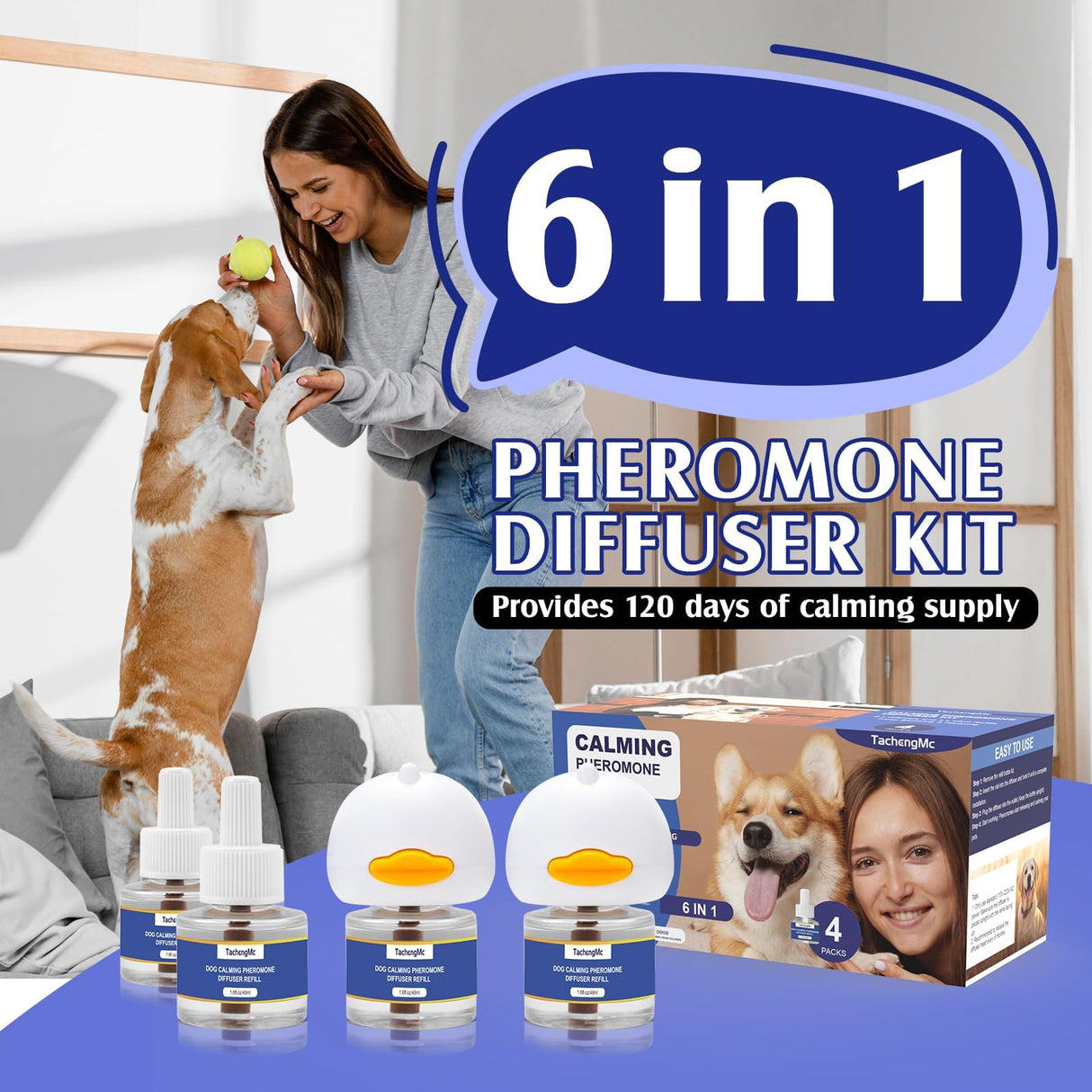 TachengMc Dog Calming Pheromones Diffuser, 6 in 1 Kit Appeasing Pheromone Diffuser to Calm Dogs, Dog Anxiety Relief Lasting 120 Days with 2 Diffuser + 4 48ml Refill