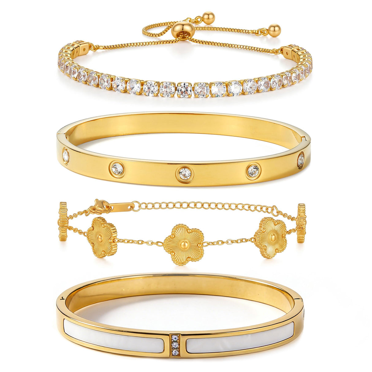 SEADAY 18K Gold Plated Stackable Bangles Bracelets for Women - 4 Pcs Gold Bracelet Set Trendy Stainless Steel Fashion Accessories, Dainty Stacked Jewelry Set Gift for Daily Wear Five Leaf Clover