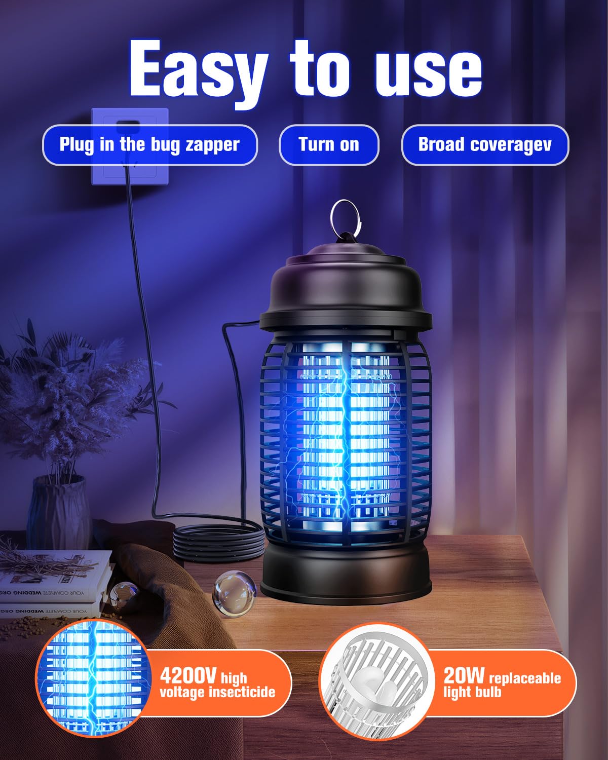 DEEZEE Bug Zapper Outdoor, 4200V Mosquito Zapper Indoor,20W Electric Fly Zapper ,Insect Zapper&Mosquito Killer lamp for Home, Patio, Kitchen, Backyard, Camping, Plug-in