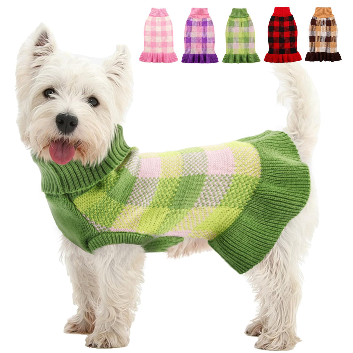 Dog Sweater Dress Plaid Knitwear for Small Medium Dogs Warm Puppy Pet Turtleneck Stretch Pullover Cute Fall Winter Vest Clothes with Leash Hole for Christmas (Green, L)