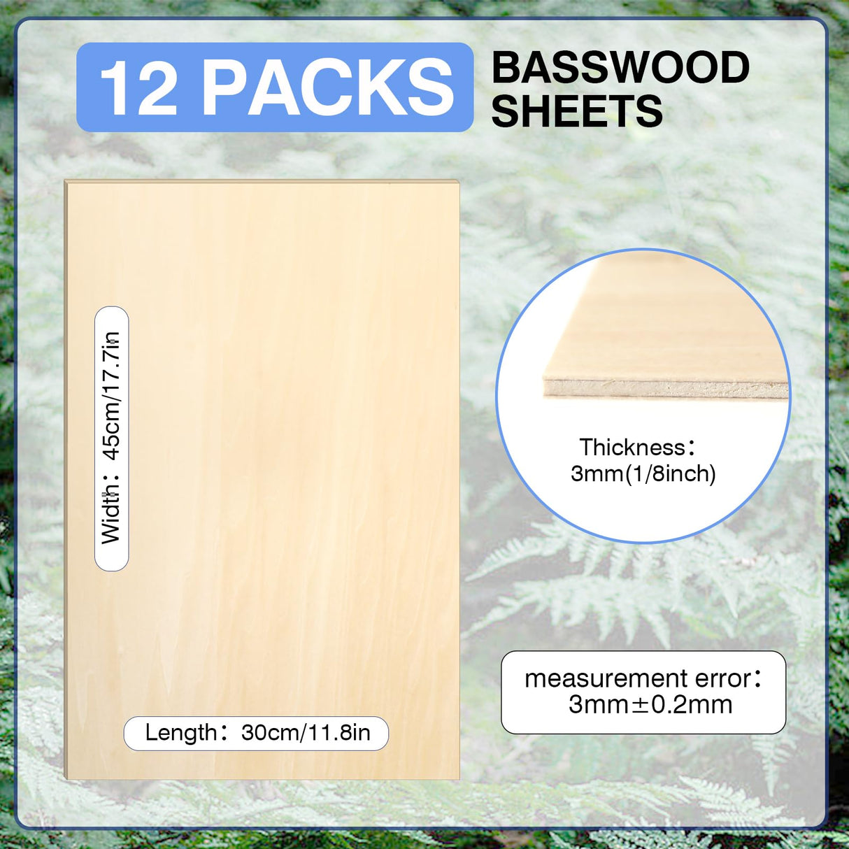 12 Pack Basswood Sheets for Crafts 12 x 18 x 1/8 in, 3mm Thick Unfinished Plywood for Laser Cutting & Engraving, DIY Ornaments and Architectural Model
