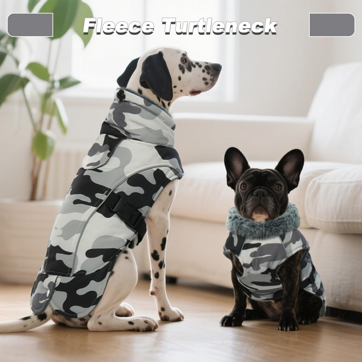 DENTRUN Extra Large Warm Dog Jacket - Windproof Water Repellent Reflective Coat, Adjustable Plush Turtleneck, Easy Wear Fleece Lined Cold Weather Vest for Great Dane, White Camo, XXXL