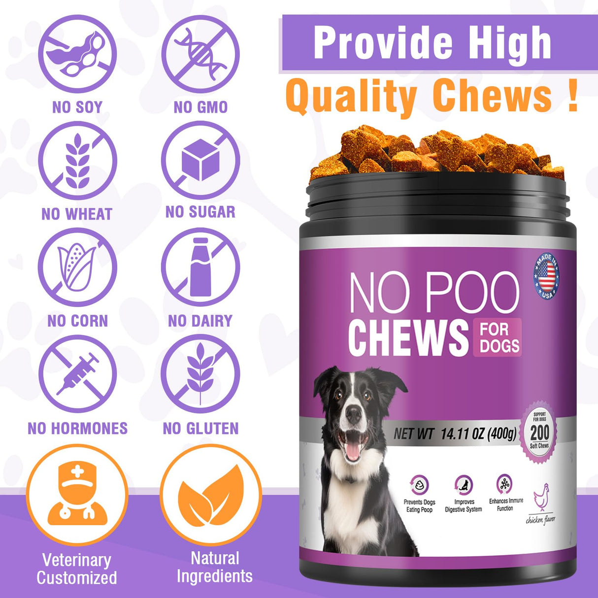 Coprophagia Deterrent for Dogs-200 Chews No Poop Eating Deterrent for Dog-Prevent Stop Dogs from Eating Poop Supplement-Breath Freshener-No Poo Chews with Digestive Enzymes&Probiotics-Chicken Flavor