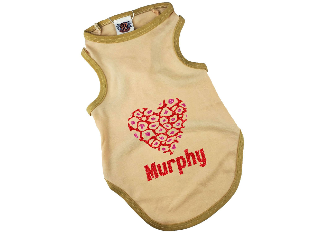 Personalized Valentine's Day Dog Shirt, Glitter Leopard Heart Dog Shirt, Valentine's Day Outfit for Dogs, Personalized Dog Shirt, Clothes for Pets (Vintage Vanilla Shirt, S 7-10 lbs)