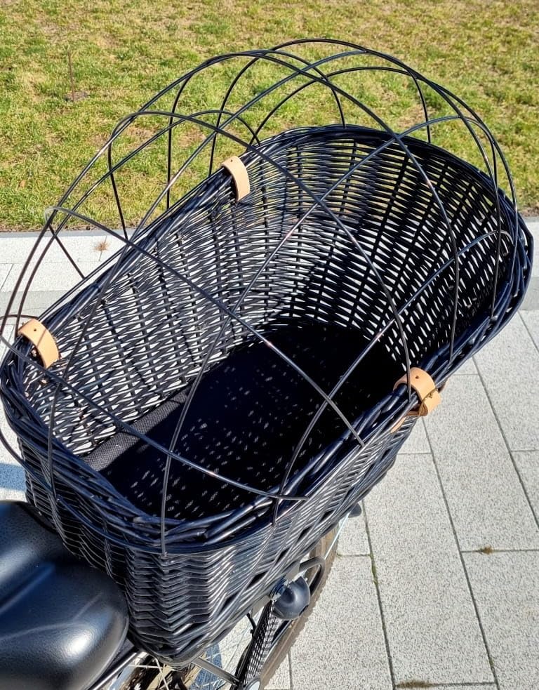 Wiklibox Natural Wicker Dog Bike Basket - 100% Organic Rattan Pet Carrier with Protective Grille - Eco Friendly Design - Soft Cotton Cushion & Mounting Bracket for Secure Bicycle Rear Luggage Rack