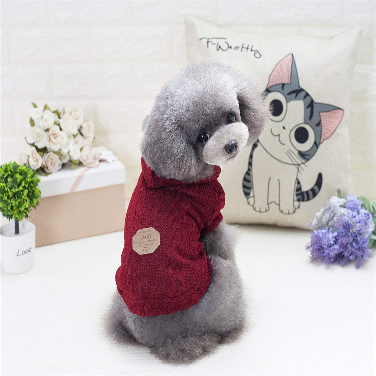 Dog Sweater Dog Hoodie Rdc Pet Clothes Dog Woolen Sweater with Cap Winter Warm Turtleneck Sweater Fleece Coat for Small Dog Medium Dog Cat (S, Classic-Red)