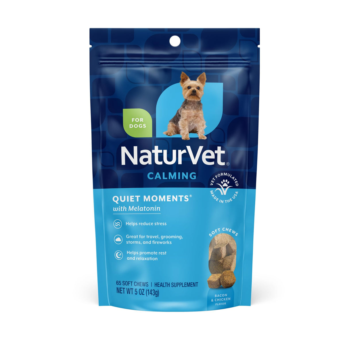NaturVet Quiet Moments Calming Dog Supplement, Dog Soft Chews with Melatonin to Help Reduce Stress from Storms, The Vet, Fireworks, and Travel, Bacon and Chicken Flavored Pet Supplement, 65 Count