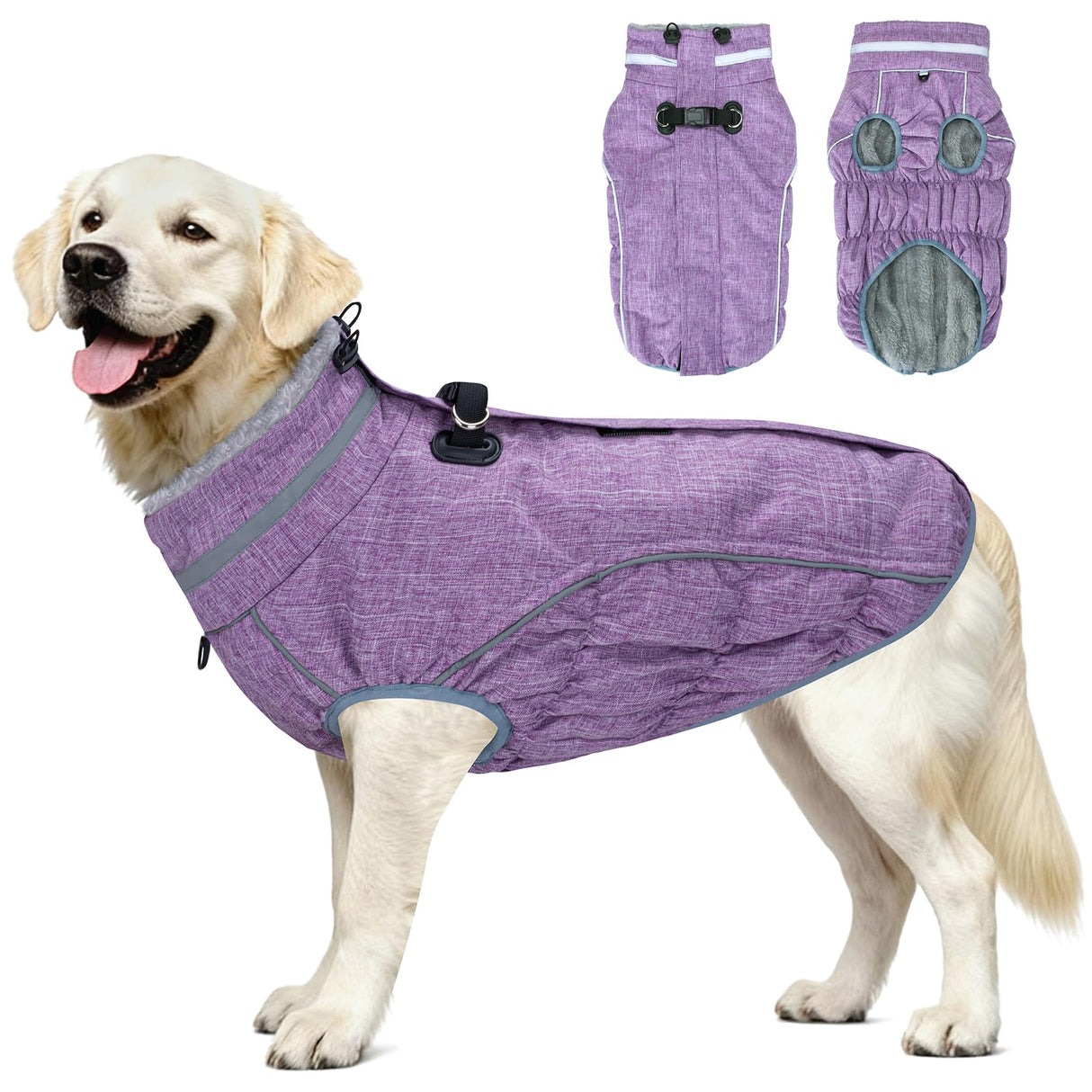Malier Dog Coat, Reflective Dog Jacket Waterproof Windproof Puppy Cold Weather Coats with Harness Built in, Winter Extra Warm Pet Coat Fleece Vest for Small Large Pets and Puppy (Purple, XXX-Large)