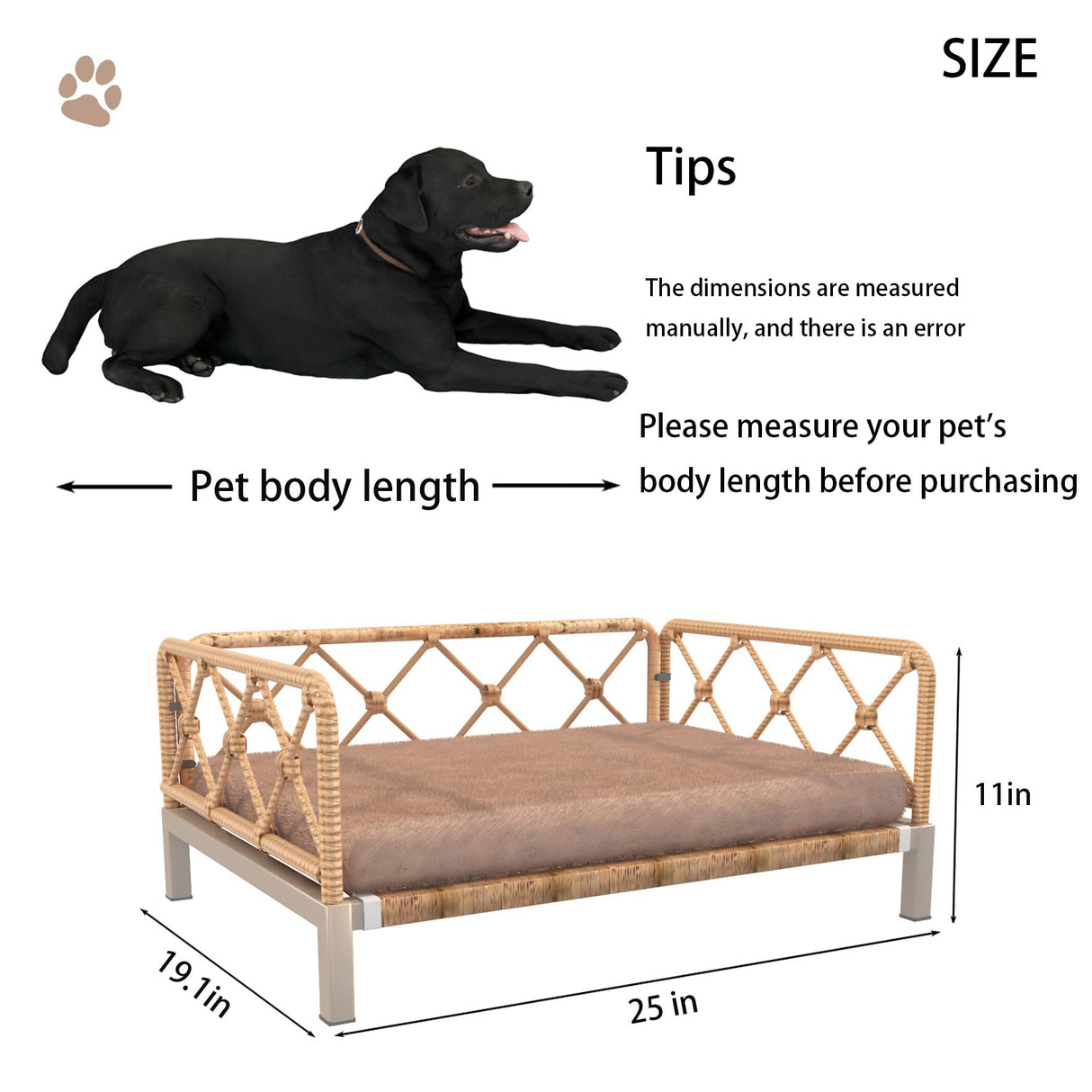 wallowsun Wicker Dog Bed with 2" Cushion,Rattan Dog Sofa Bed for Small Medium Dogs– Indoor/Outdoor Metal Frame Pet Bed up 66lbs (Brown Rattan Brown Cushion)